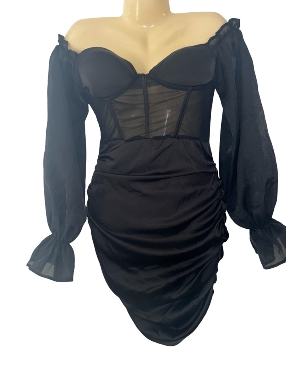 SHEIN Black Off-Shoulder Mesh Corset Mini Dress